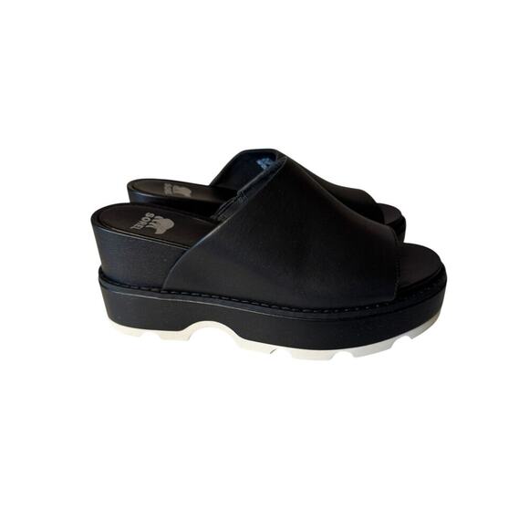 SOREL NEW Joanie IV Slide Wedge Sandals Women's Size 6.5 Black Leather Chunky - Picture 2 of 9